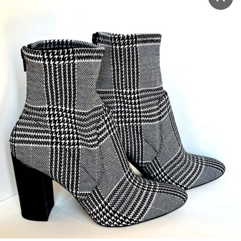 Aldo Black and White Plaid Block Heel Boots